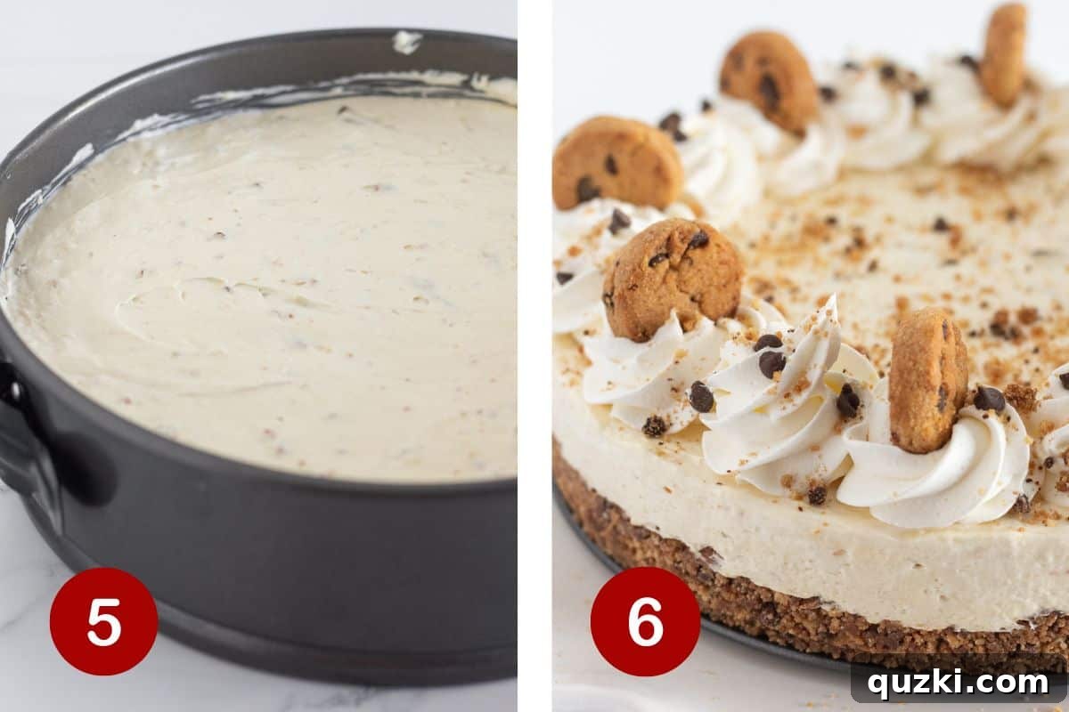 Three images showing the final steps of making the cheesecake: pouring the batter, adding decorative cookies, and topping with whipped cream.