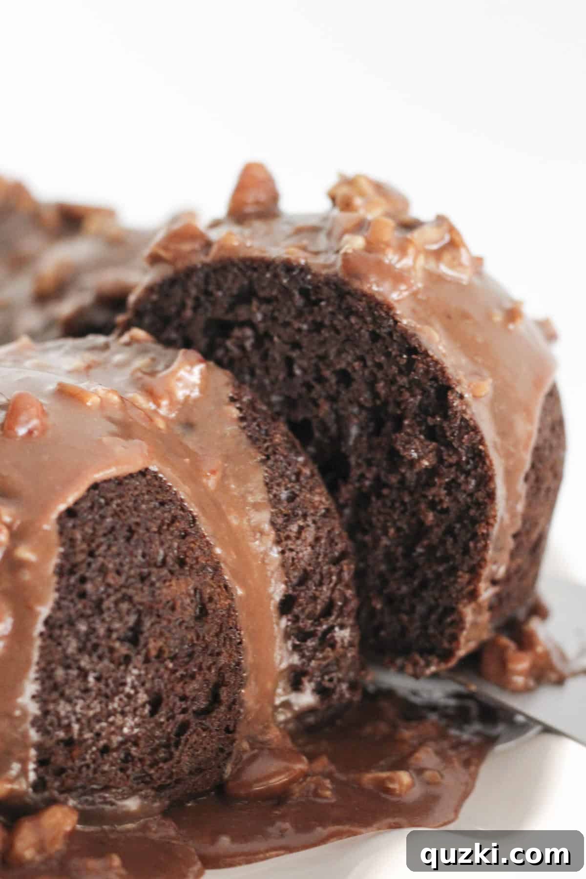 Decadent Texas Sheet Cake Bundt 9 A delicious slice of Texas Sheet Cake Bundt Cake served on a plate, showcasing its moist interior and rich frosting.