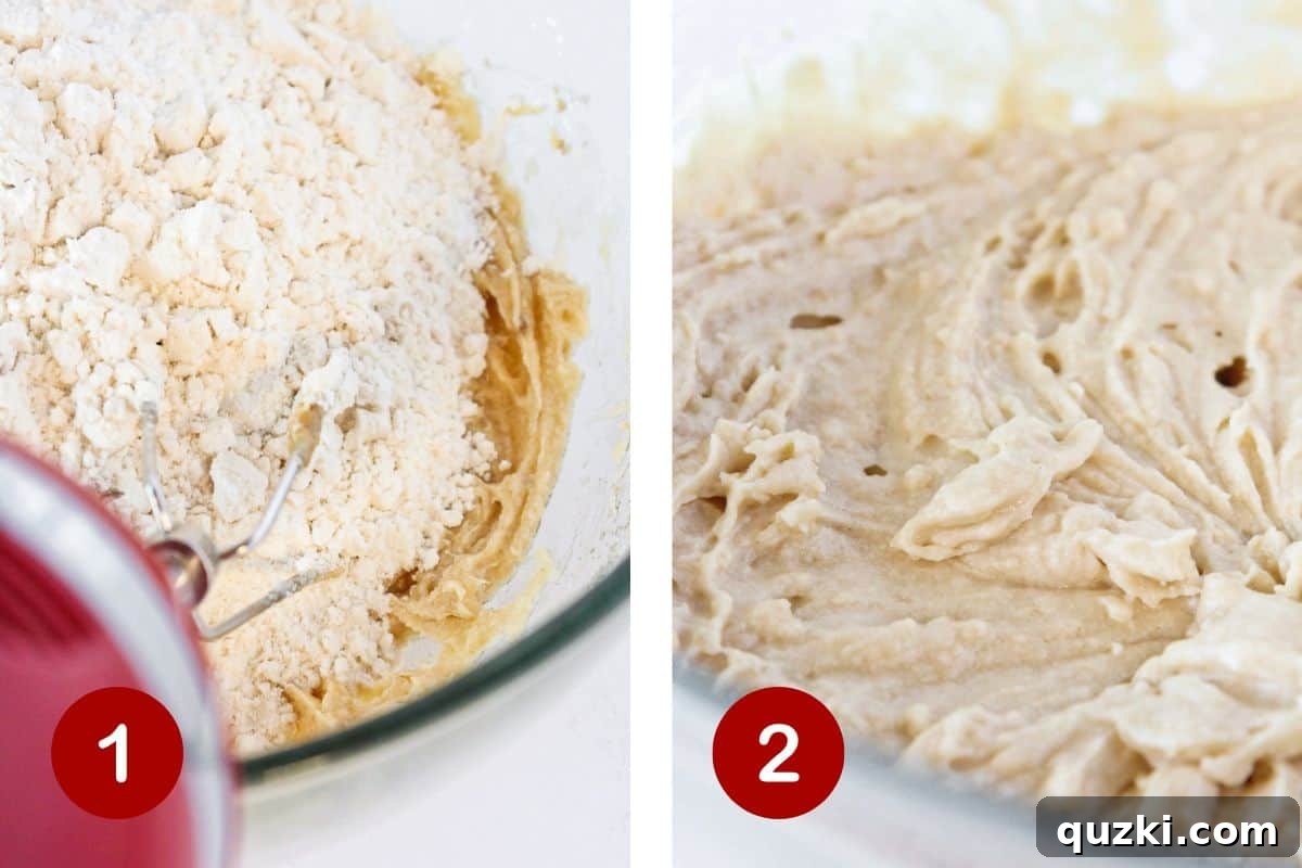 Homestyle Apple Streusel Cake 4 Visual steps illustrating creaming wet ingredients with dry, then adding milk to form the cake batter.