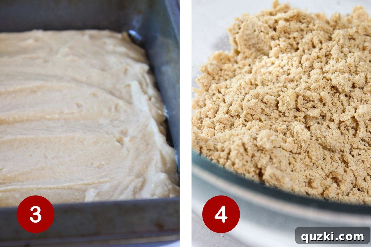 Homestyle Apple Streusel Cake 5 Visual steps demonstrating adding the first layer of batter to the pan and preparing the crumb topping.