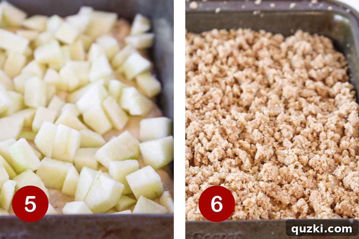 Homestyle Apple Streusel Cake 6 The final layering steps of apples, batter, and crumb mixture before baking.