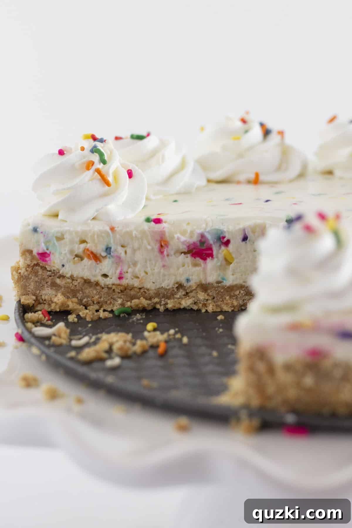 Effortless Funfetti Cheesecake Celebration 2 Looking at the inside of a funfetti no bake cheesecake, showcasing colorful sprinkles embedded in creamy layers and a firm vanilla wafer crust.