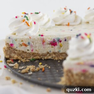Looking inside a slice of funfetti no bake cheesecake, highlighting its creamy texture and colorful sprinkles, promising a delicious experience.