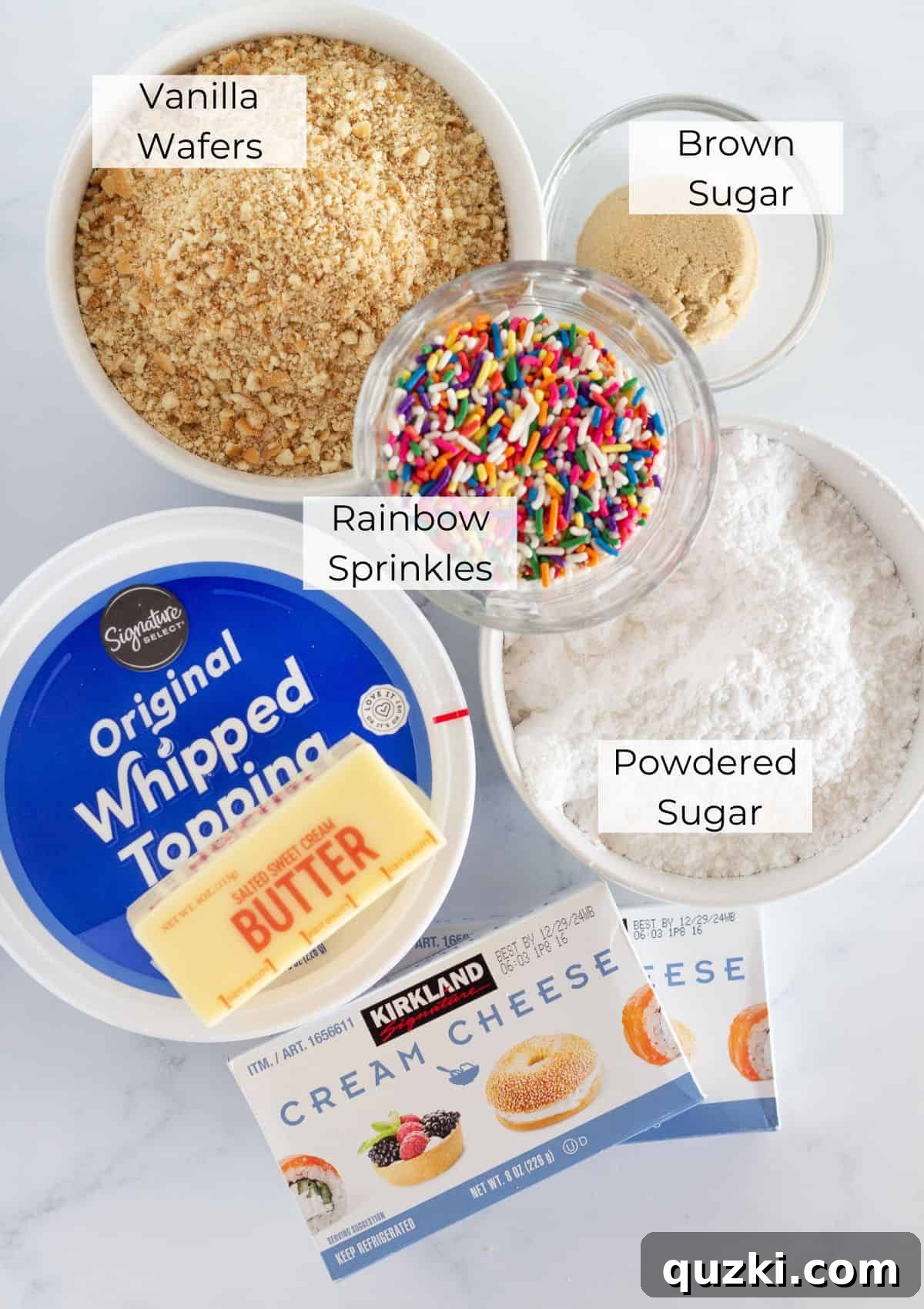 Effortless Funfetti Cheesecake Celebration 3 A vibrant flat lay of all the essential ingredients needed to make a funfetti no bake cheesecake, including softened cream cheese, powdered sugar, colorful sprinkles, and vanilla wafer cookies.