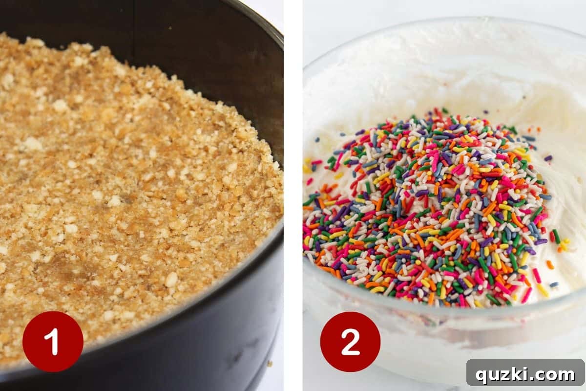 Effortless Funfetti Cheesecake Celebration 4 A visual guide showing the process of mixing the vanilla wafer crust, pressing it into a springform pan, and then gently folding vibrant rainbow sprinkles into the creamy cheesecake filling.