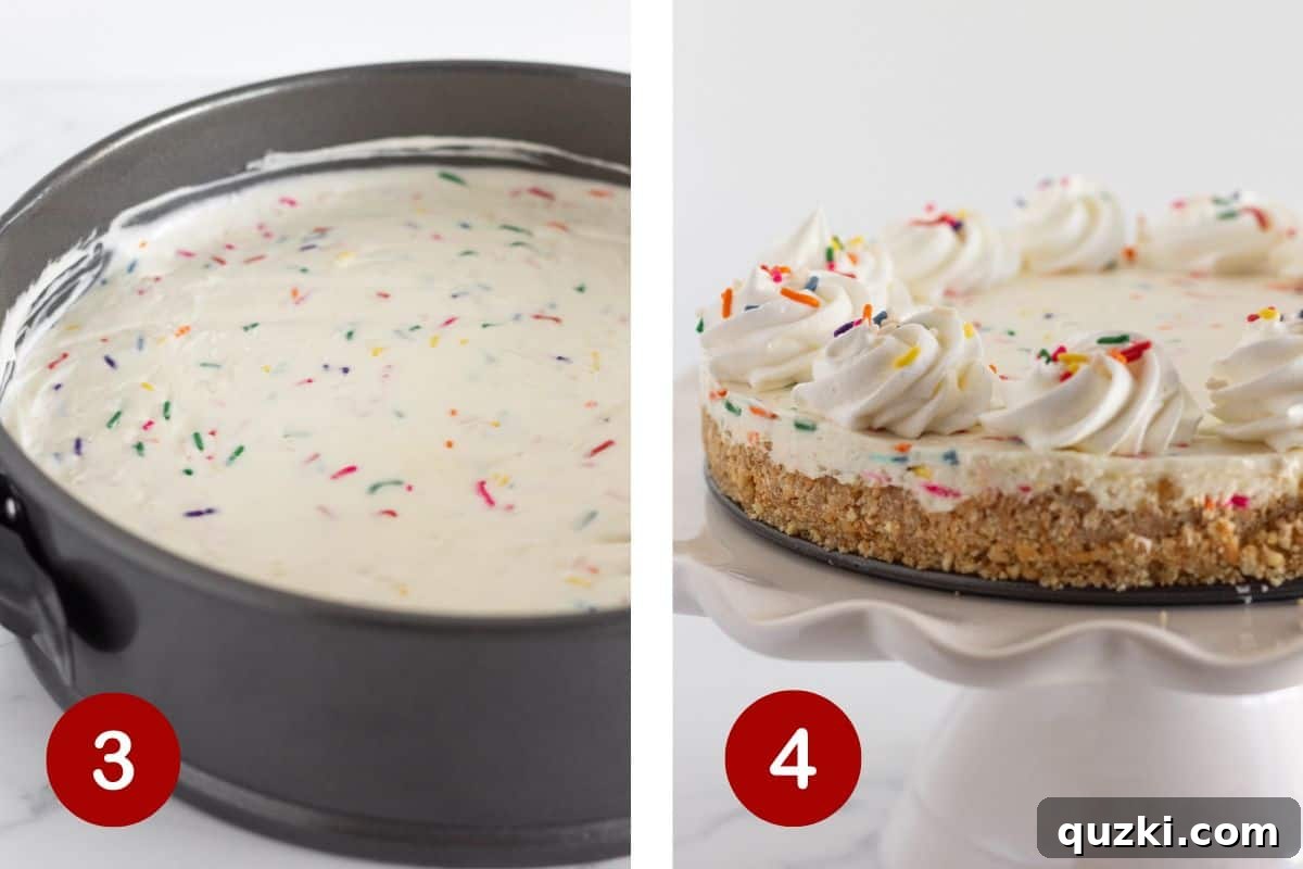 Effortless Funfetti Cheesecake Celebration 5 The comprehensive process from pouring the funfetti cheesecake filling into the crust, demonstrating the chilling stage, and finally showcasing the perfectly sliced cheesecake topped with whipped cream and sprinkles for serving.