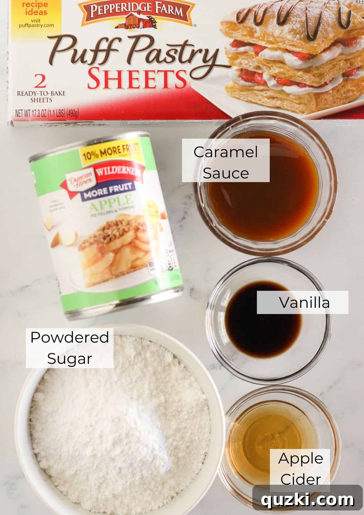 Sweet & Simple Caramel Apple Turnovers 3 All the core ingredients laid out: puff pastry sheets, a can of apple pie filling, and a jar of caramel sauce, ready for making turnovers.