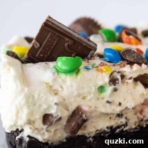 A close-up image of the completed No-Bake Halloween Candy Cheesecake, showing its creamy texture and various candy toppings.