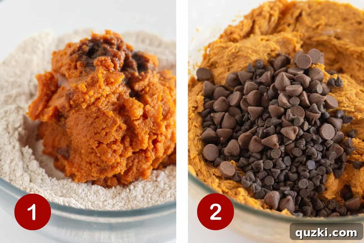 Effortless Cake Mix Pumpkin Chocolate Chip Cookies 4 A visual guide showing the first two steps of making pumpkin chocolate chip cookies: combining wet and dry ingredients, then folding in chocolate chips.