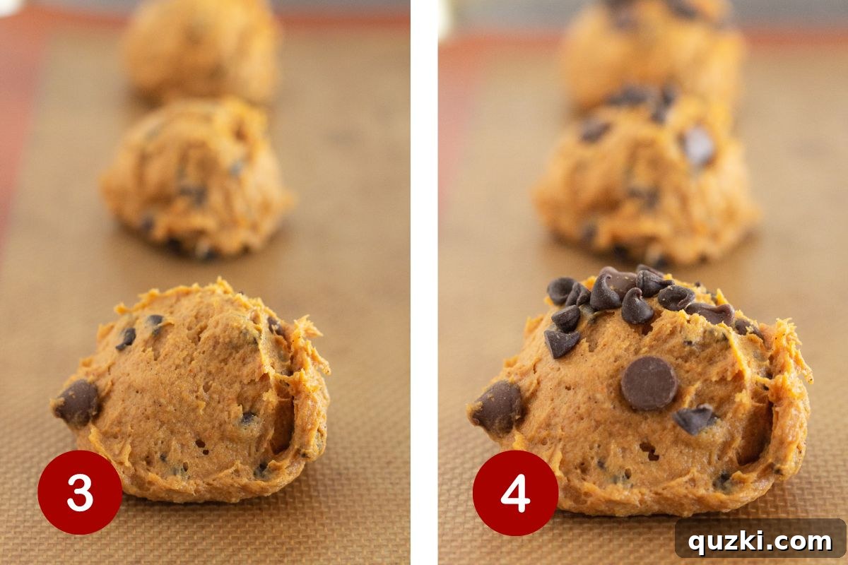 Effortless Cake Mix Pumpkin Chocolate Chip Cookies 5 Detailed visuals for steps 3 and 4 of the pumpkin chocolate chip cookie recipe, demonstrating how to scoop dough and add extra chocolate chips on top.
