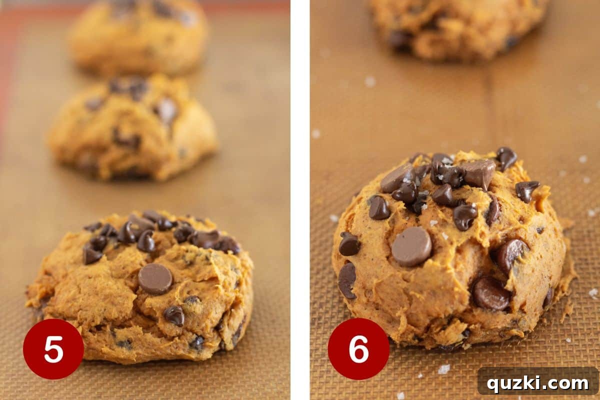Effortless Cake Mix Pumpkin Chocolate Chip Cookies 6 The final two steps in the pumpkin chocolate chip cookie baking process, showing baked cookies being removed from the oven and sprinkled with flaky sea salt.