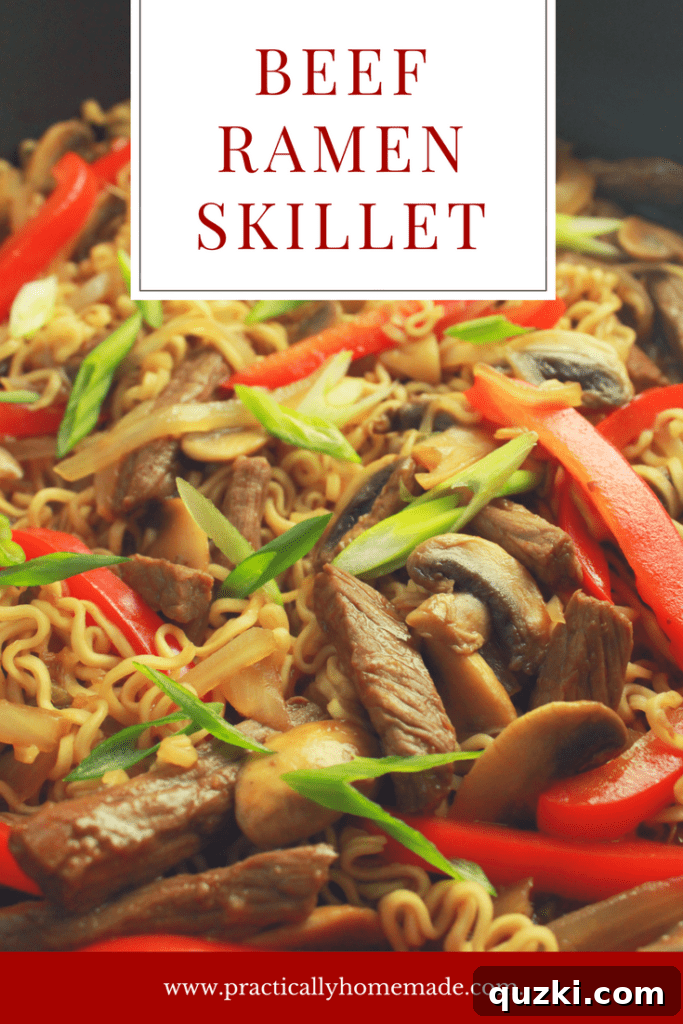 Hearty Skillet Beef Ramen 2 Delicious one-pan beef ramen skillet with tender beef strips, vibrant vegetables, and a rich sauce, garnished with fresh green onions
