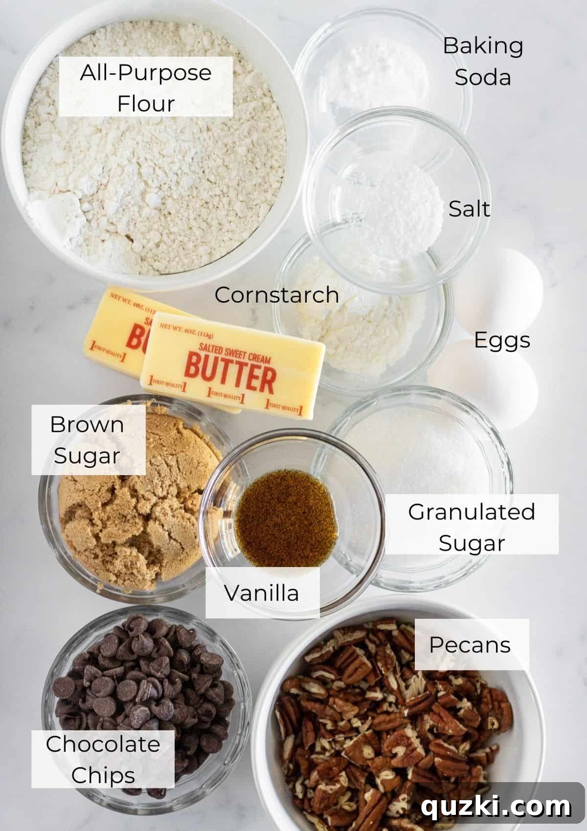 Artisan Chocolate Chip and Pecan Cookies 3 All the essential ingredients neatly arranged for making Chocolate Chip and Pecan Cookies.