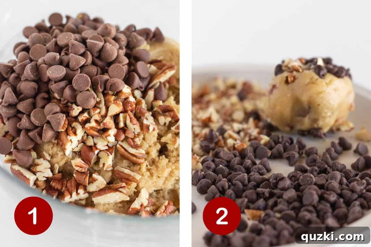 Artisan Chocolate Chip and Pecan Cookies 4 Two images side by side. The first shows the cookie dough being mixed. The second shows cookie dough balls topped with extra chocolate chips and pecans.