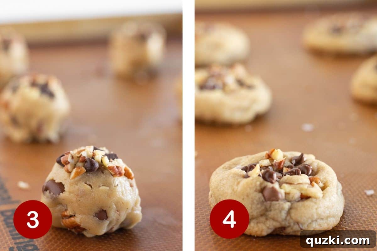 Artisan Chocolate Chip and Pecan Cookies 5 Two images side by side. The first shows cookie dough balls arranged on a baking sheet. The second shows freshly baked Chocolate Chip Pecan Cookies cooling on the sheet.