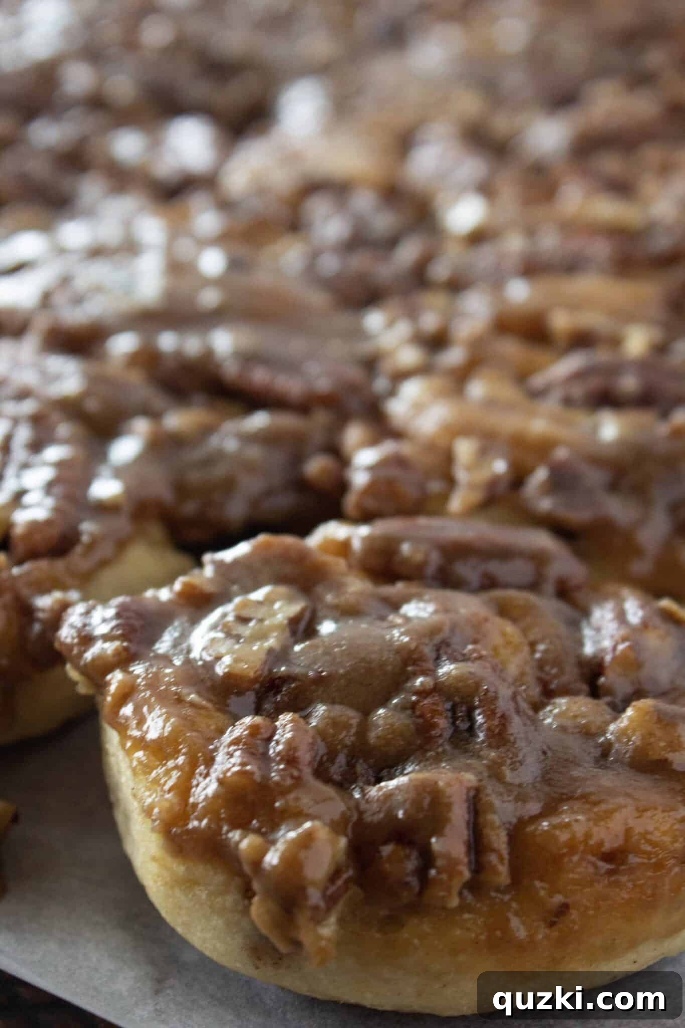 Delicious Easy Caramel Pecan Sticky Buns fresh out of the oven, featured by top US dessert blogger