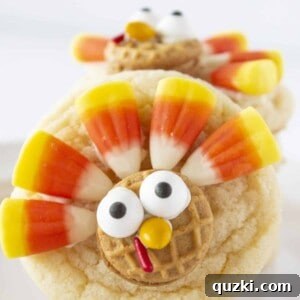 An up close photo of a cute turkey cookie, perfect for Thanksgiving.