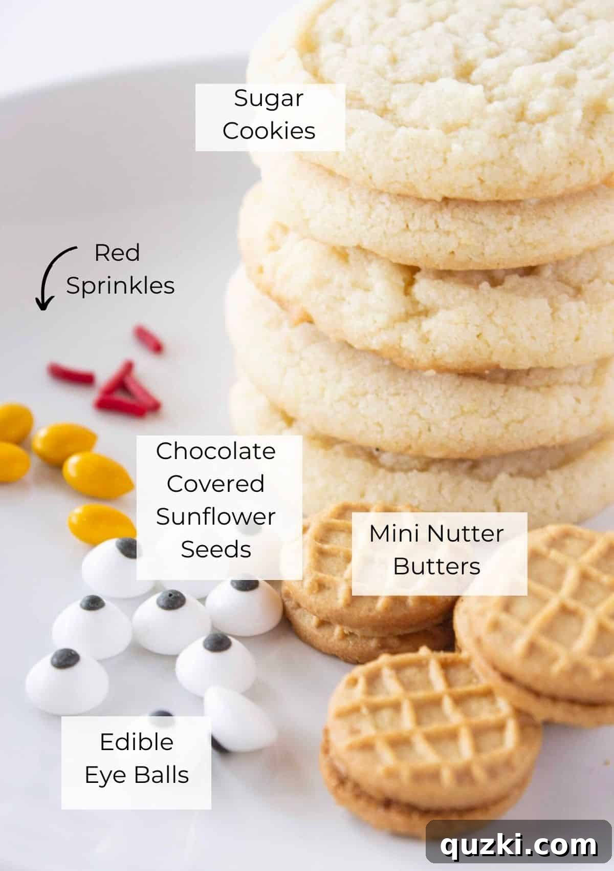 Effortless Thanksgiving Turkey Cookies 3 A flat lay photo showing all the ingredients needed to make festive turkey cookies for Thanksgiving, including sugar cookie mix, mini Nutter Butters, candy corn, edible eyes, and frosting.
