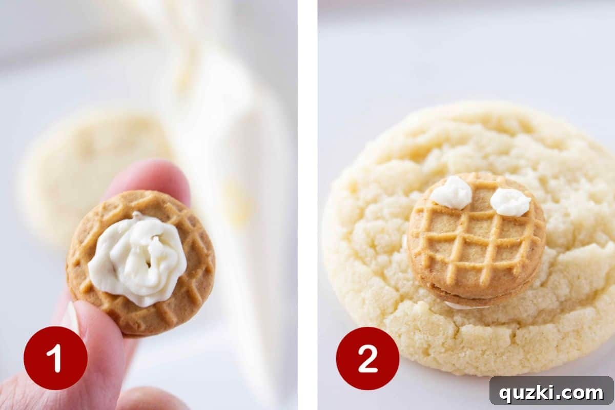 Effortless Thanksgiving Turkey Cookies 4 Step 1 shows a mini Nutter Butter cookie with a dollop of frosting on its back. Step 2 illustrates the Nutter Butter attached to a sugar cookie, with two small dots of frosting on top for the eyes.
