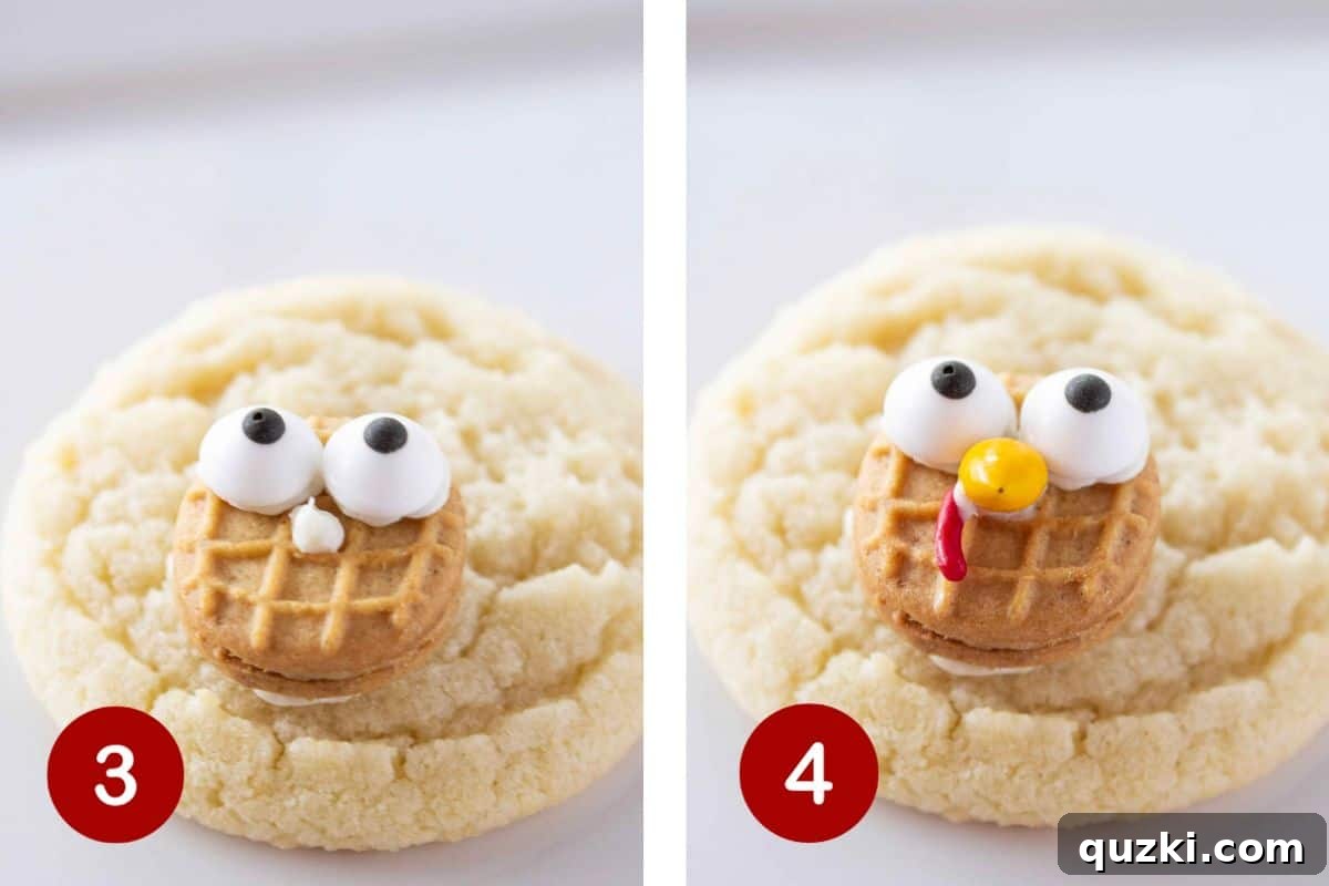 Effortless Thanksgiving Turkey Cookies 5 Step 3 shows edible candy eyes placed on the Nutter Butter. Step 4 displays the yellow candy-coated sunflower seed acting as the beak and a red sprinkle forming the wattle, completing the turkey's face.
