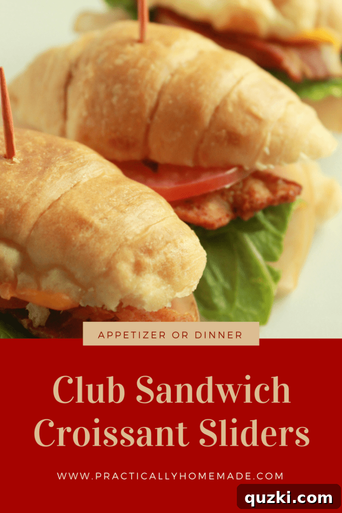 Elevated Croissant Club Sliders 2 Delicious Club Sandwich Croissant Sliders arranged on a serving platter, perfect for game day parties. Features turkey, bacon, cheese, tomato, and lettuce.