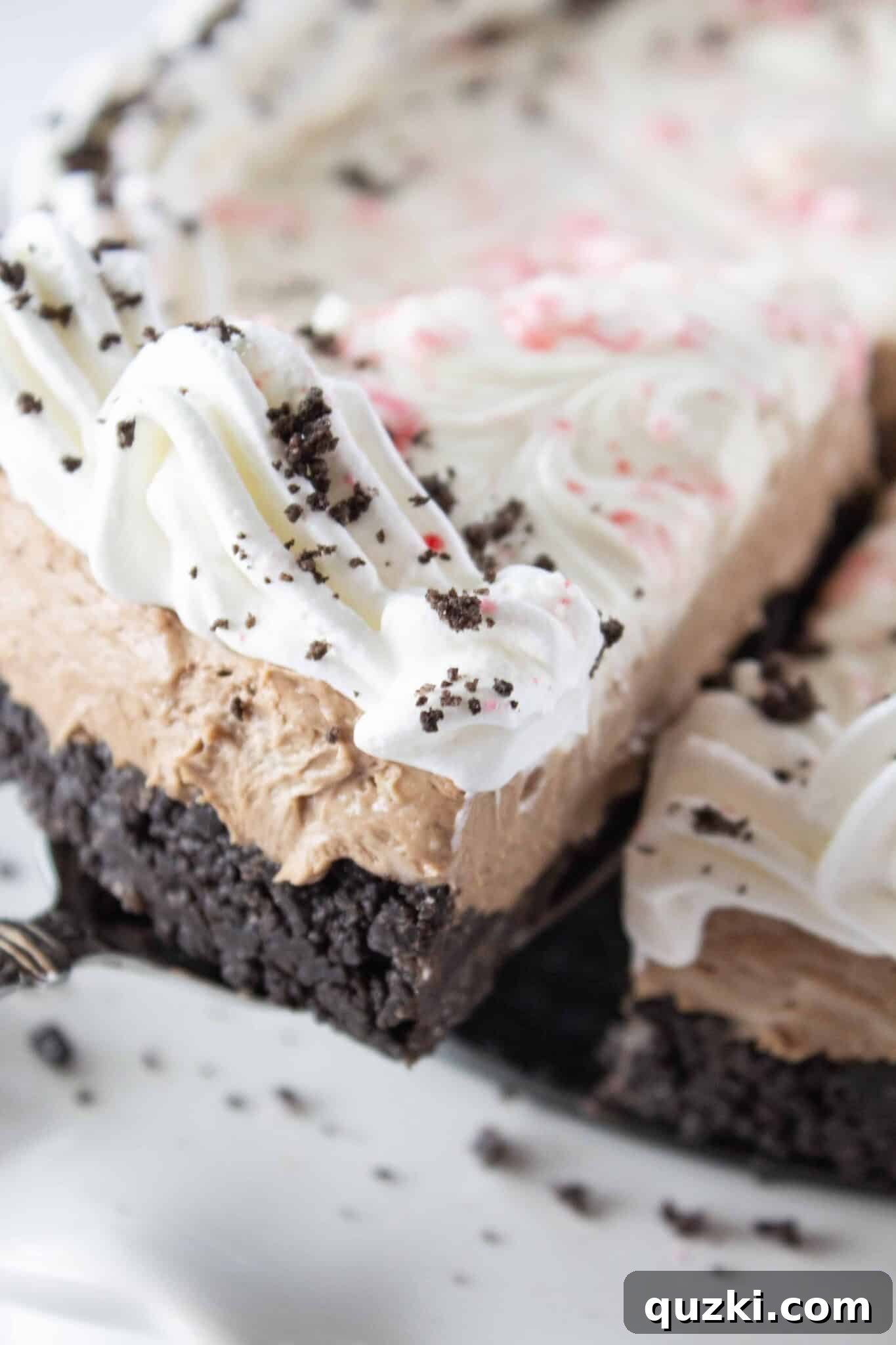 A hand serving a slice of the delectable chocolate peppermint cheesecake.
