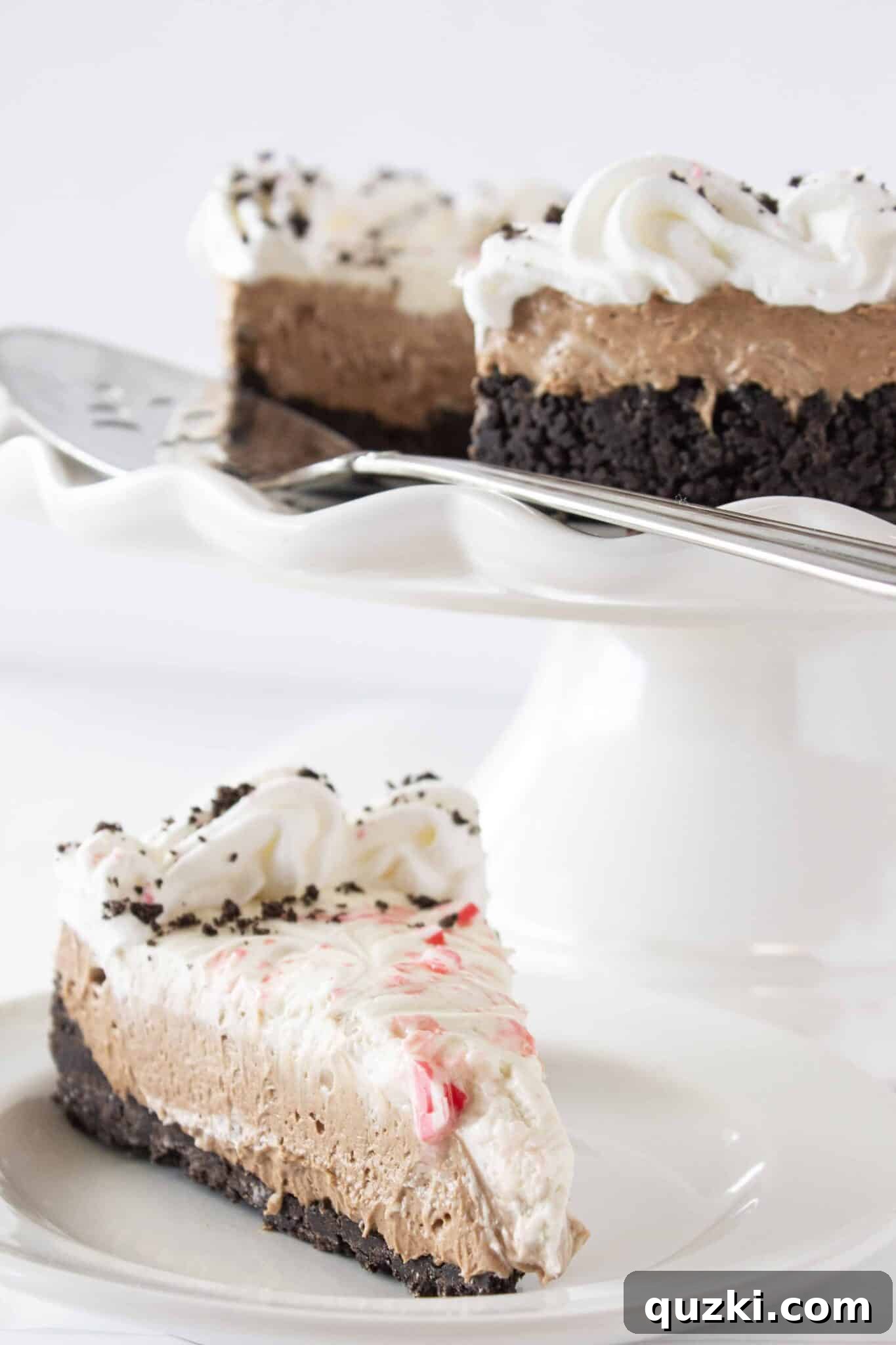 A whole No Bake Peppermint Chocolate Cheesecake, beautifully presented, ready for serving.