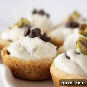 A freshly made Cannoli Cookie Cup, perfectly showcasing its filling and toppings.