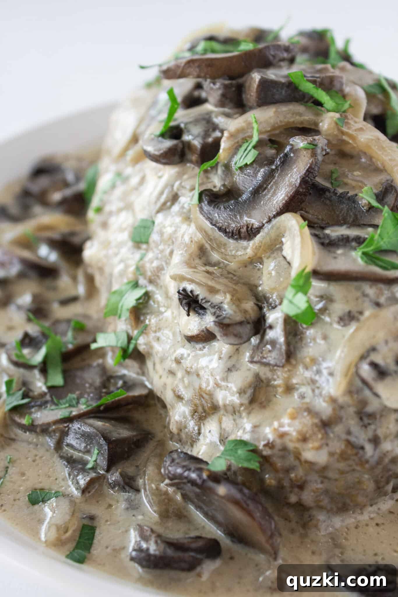 Easy Crock Pot Beef Stroganoff Meatloaf on a tray for serving.