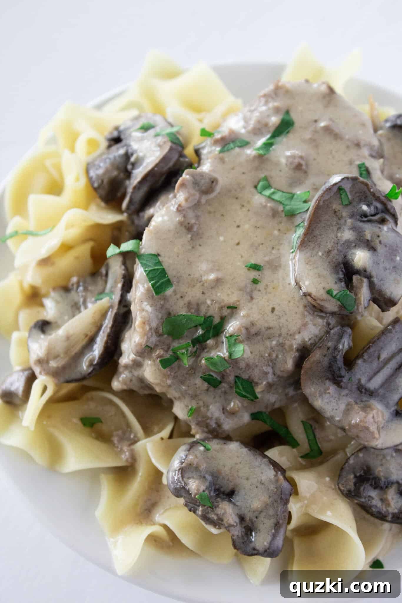 Easy Crock Pot Beef Stroganoff Meatloaf served over egg noodles.
