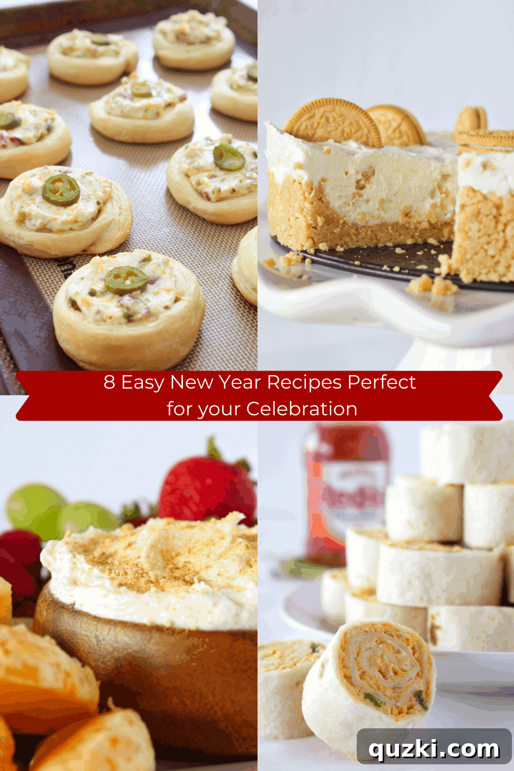 New Year's Eve food spread with various appetizers and snacks