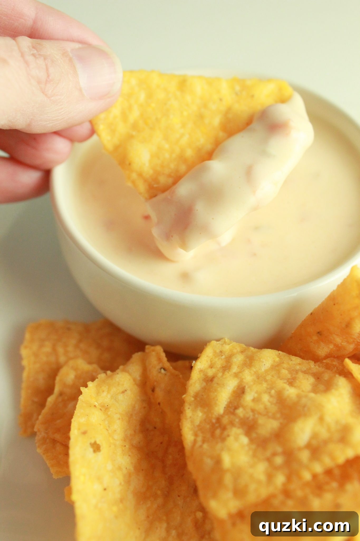 Warm and creamy Quick Queso Blanco dip with tortilla chips, a great addition to any New Year's party food menu