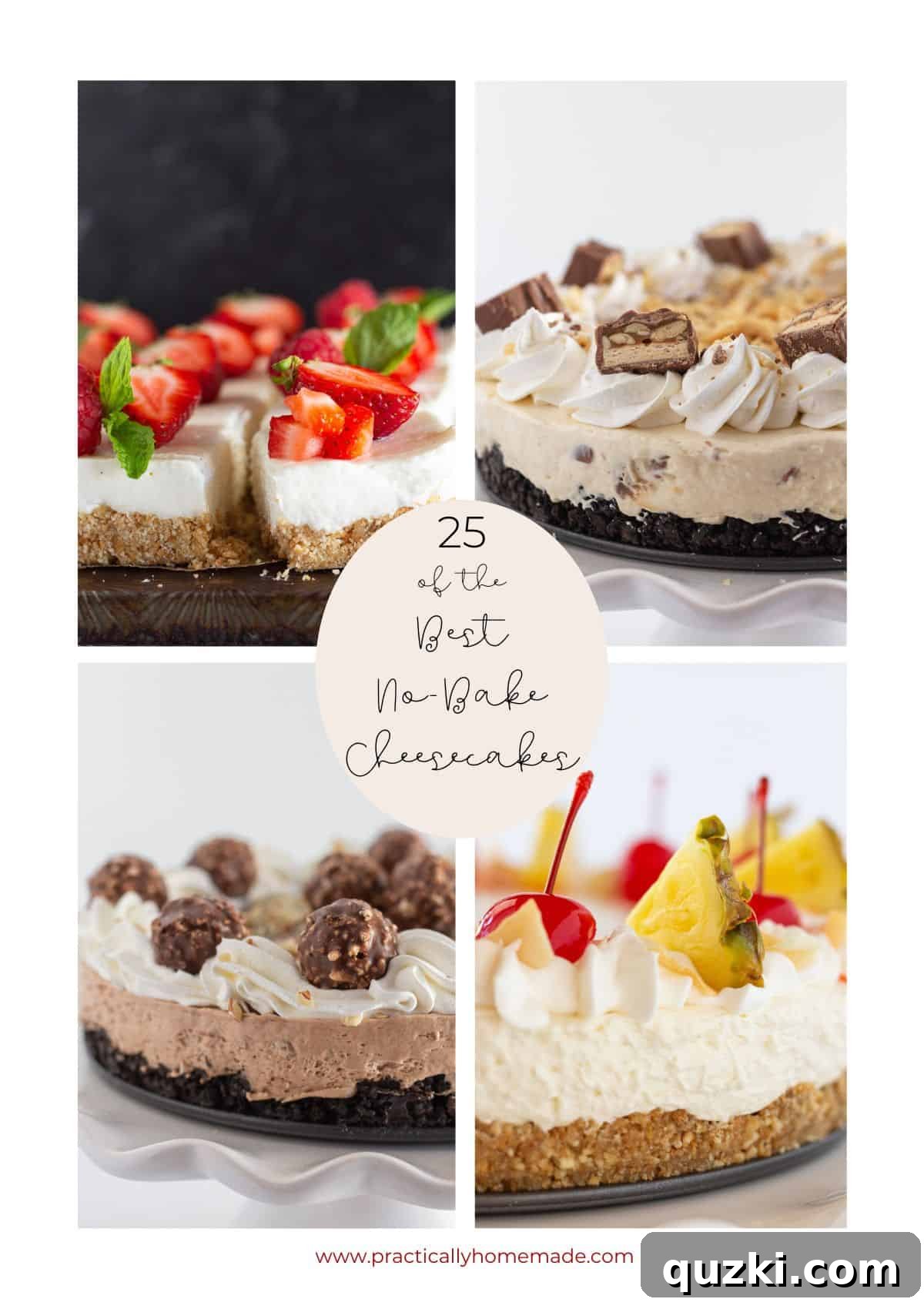25 Ultimate No Bake Cheesecakes 2 A vibrant collage featuring four diverse and delicious no-bake cheesecake recipes, showcasing various toppings and textures.