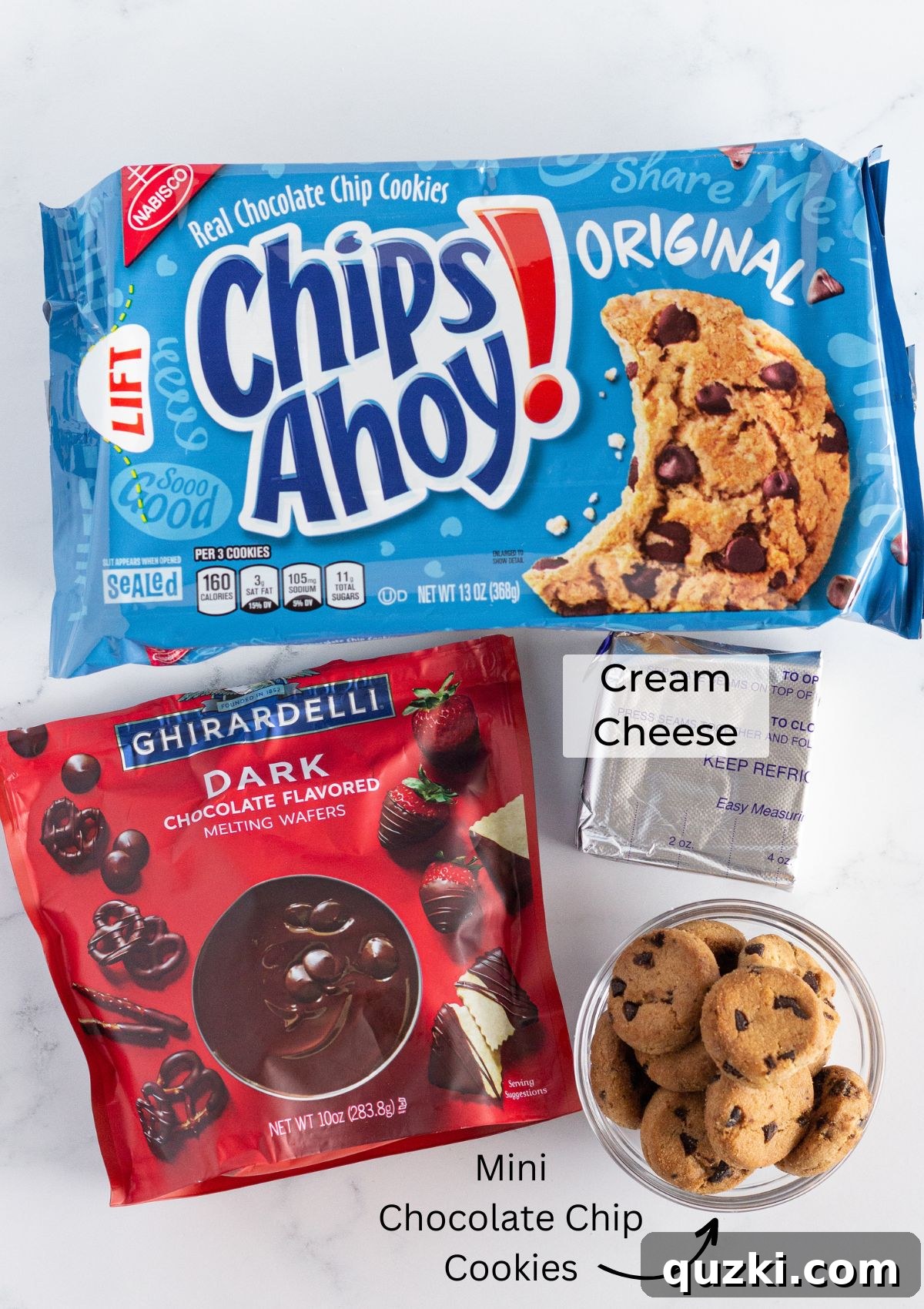 A photo of the 4 ingredients: chocolate chip cookies, cream cheese, melting wafers, and mini cookies.