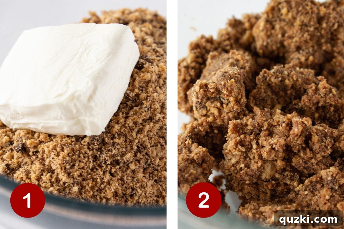 Steps 1 & 2 of making the filling for the chocolate chip cookie truffles, showing crushed cookies and the mixed filling.