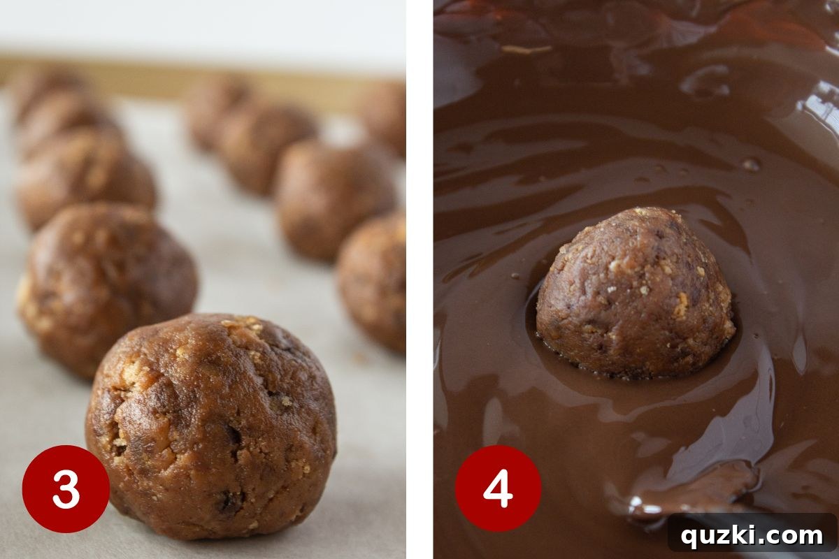 Steps 3 & 4 of making chocolate chip cookie truffles, showing rolled balls and dipping in chocolate.
