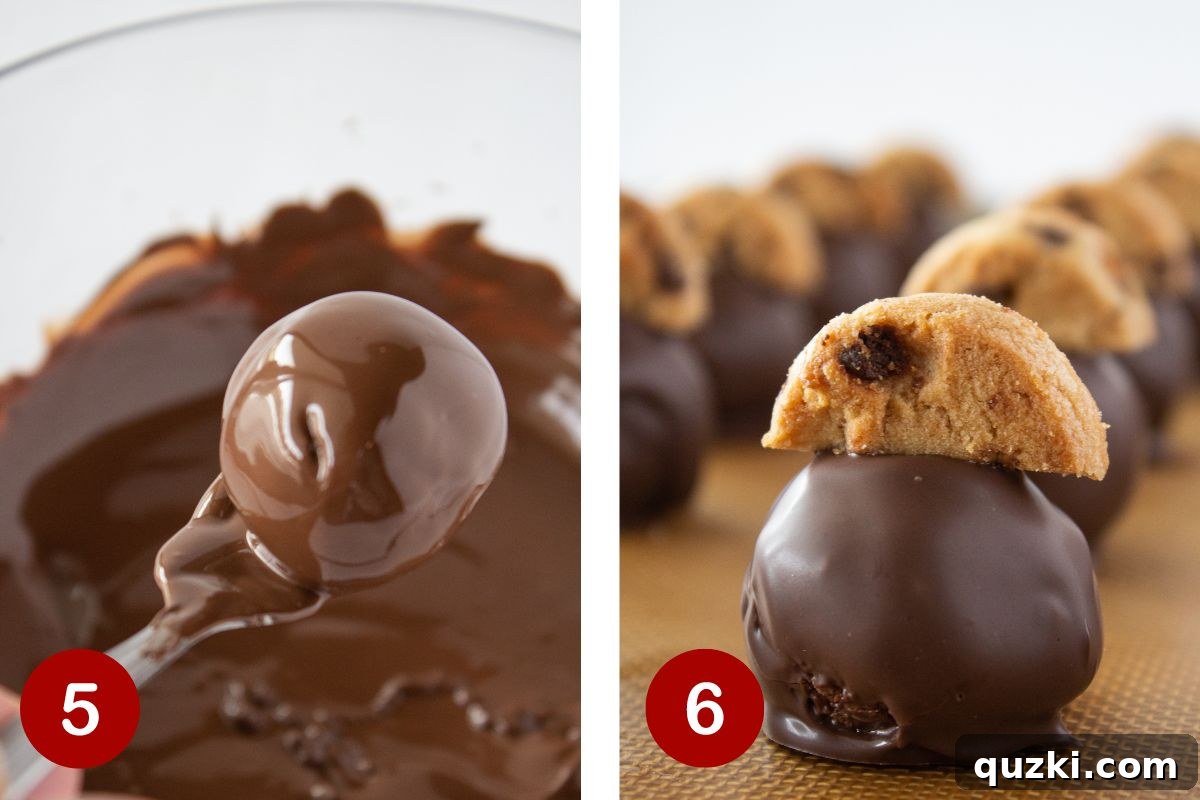 Steps 5 & 6 of dipping the chocolate chip cookie truffles in chocolate and adding mini cookie garnish.