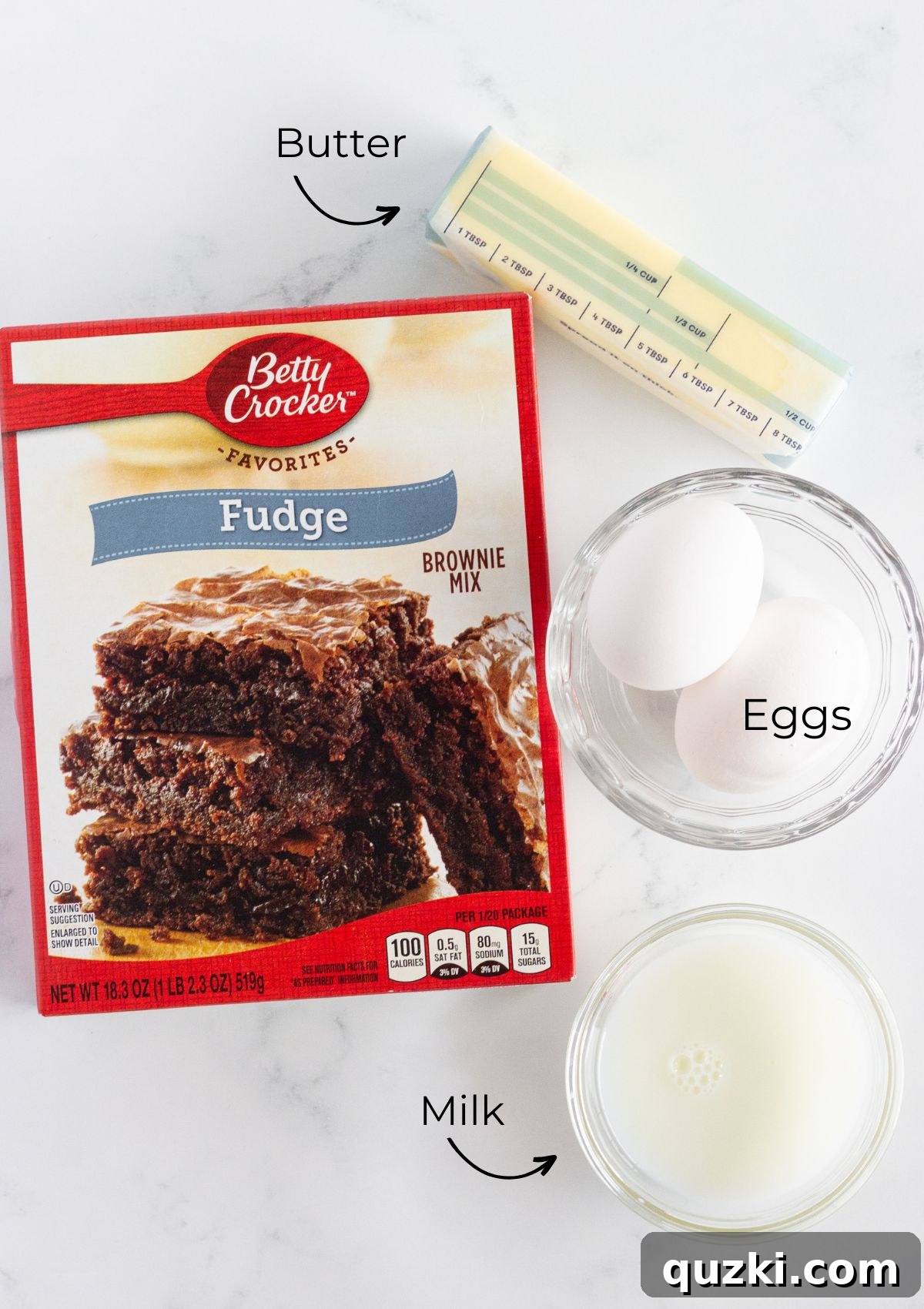 A photo of the ingredients needed to make the brownie portion of this recipe.