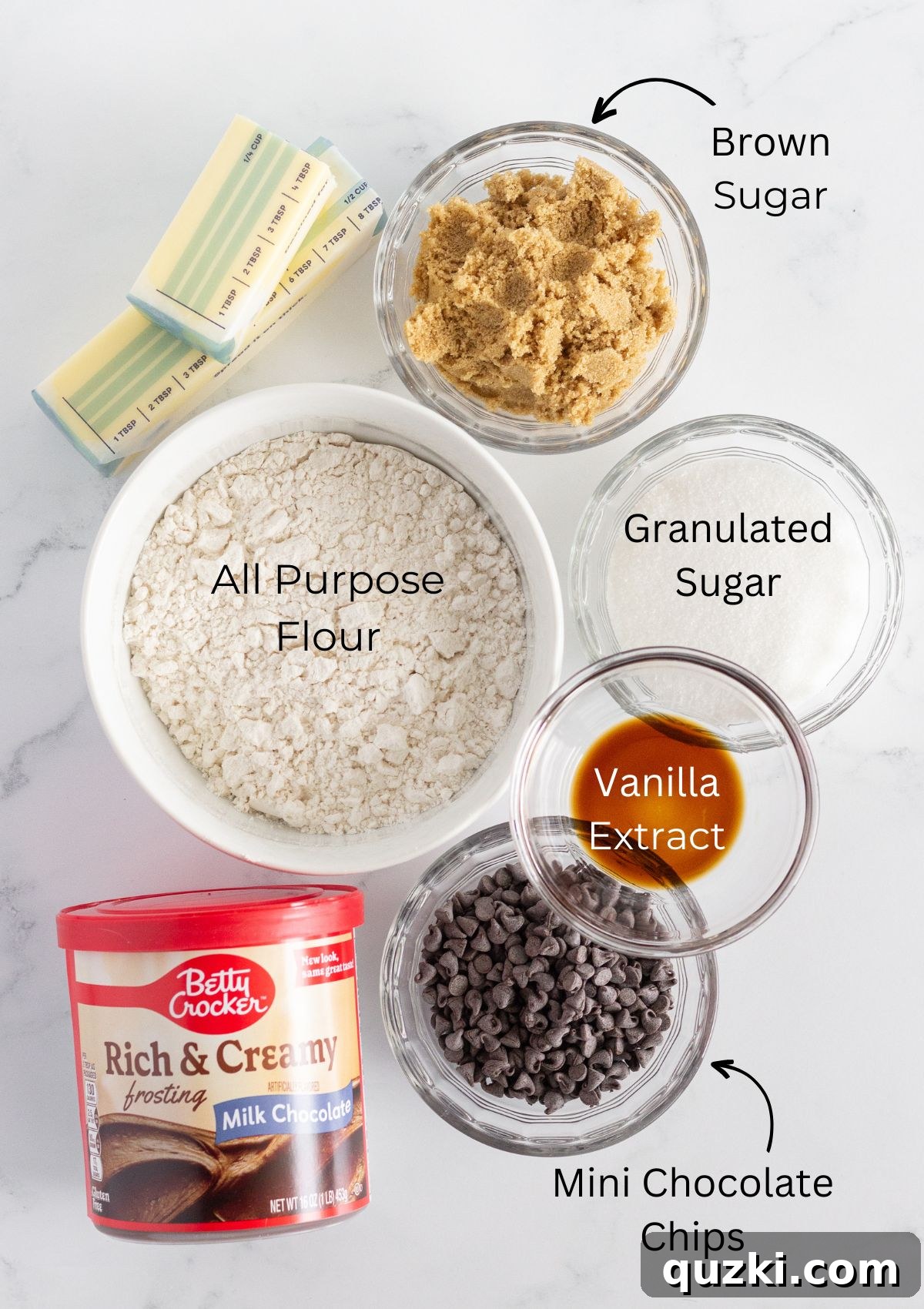 A photo of the ingredients needed to make the edible cookie dough portion of this recipe.