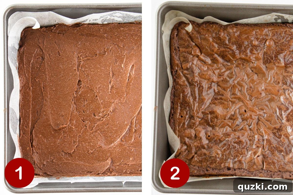 A photos of steps 1 and 2 of making the brownie portion of cookie dough brownies.