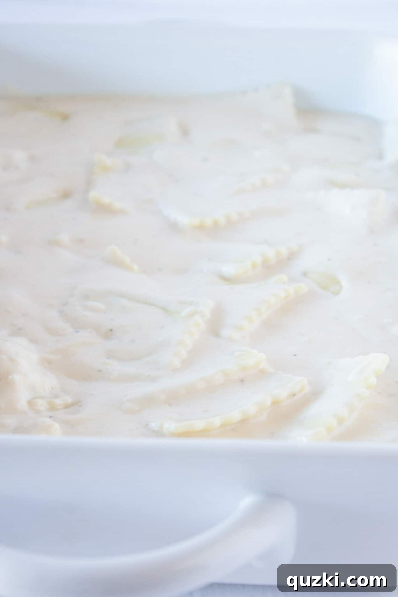 Creamy Chicken Alfredo Ravioli Bake 6 Spreading the Alfredo-coated ravioli evenly into a 9x13 baking dish before adding chicken.