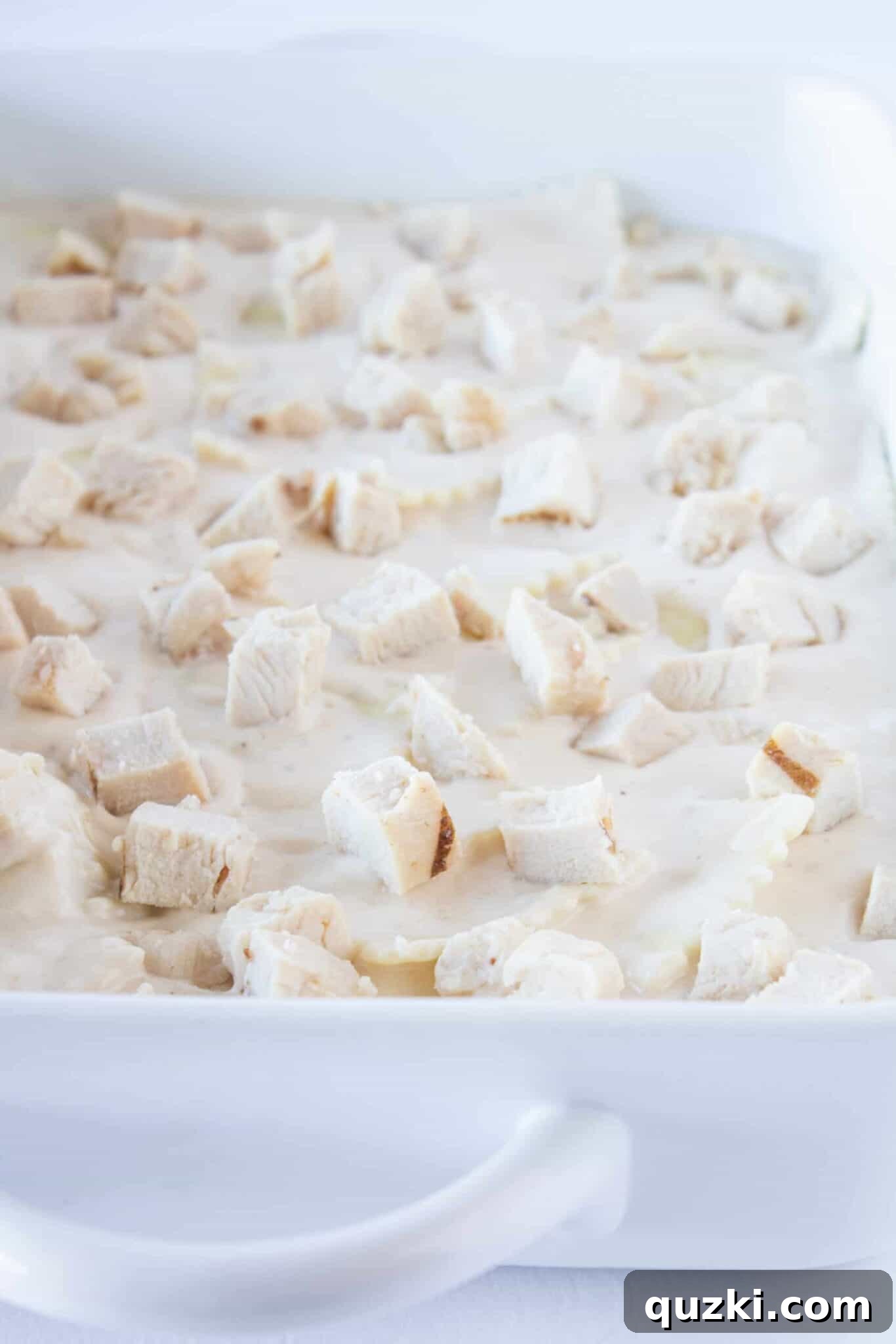 Creamy Chicken Alfredo Ravioli Bake 7 Adding chopped chicken breast evenly over the ravioli layer in the casserole dish.