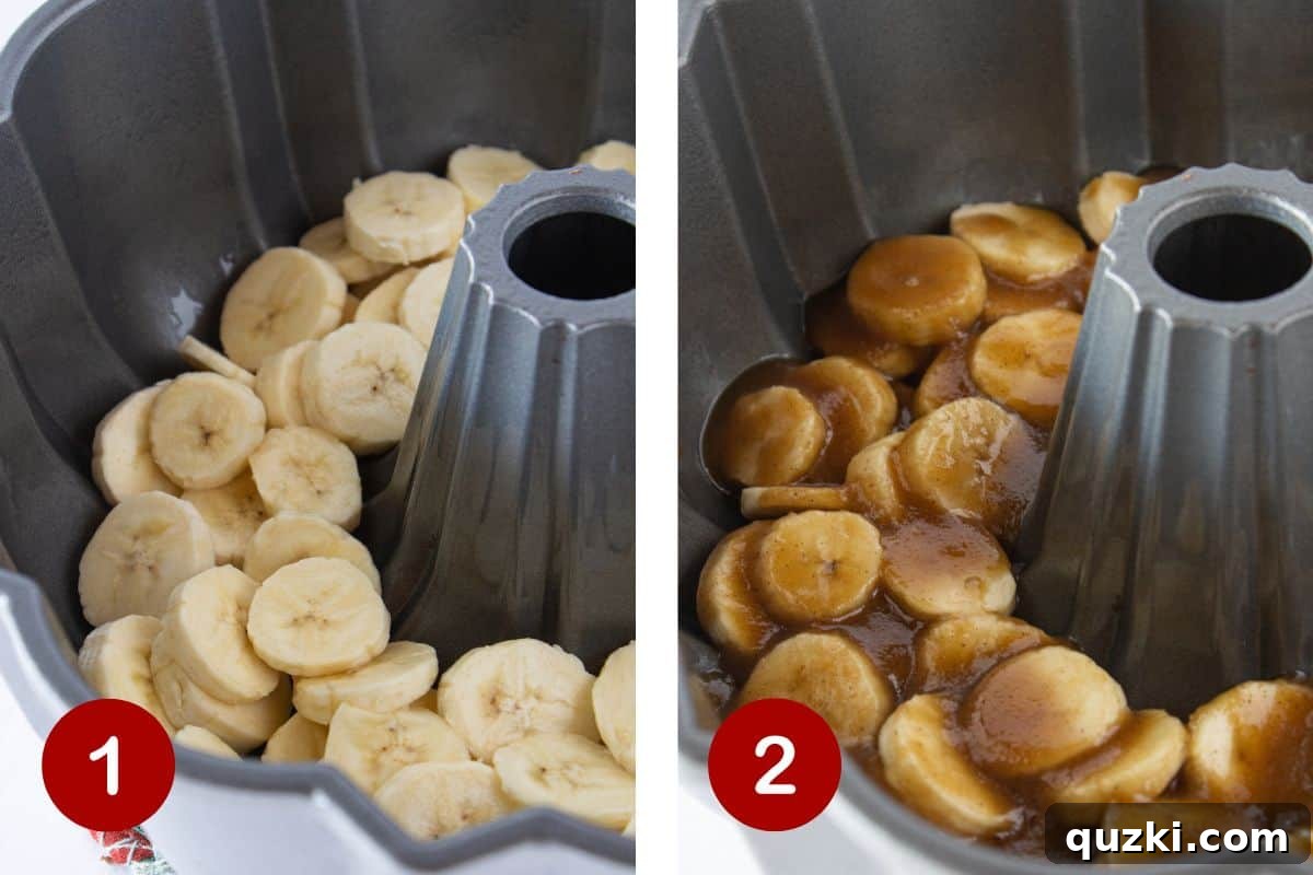 Moist Banana Bundt Magic 4 Two images side by side. Left shows sliced bananas neatly arranged in a bundt pan. Right shows the brown sugar, butter, and cinnamon mixture being poured over the bananas.