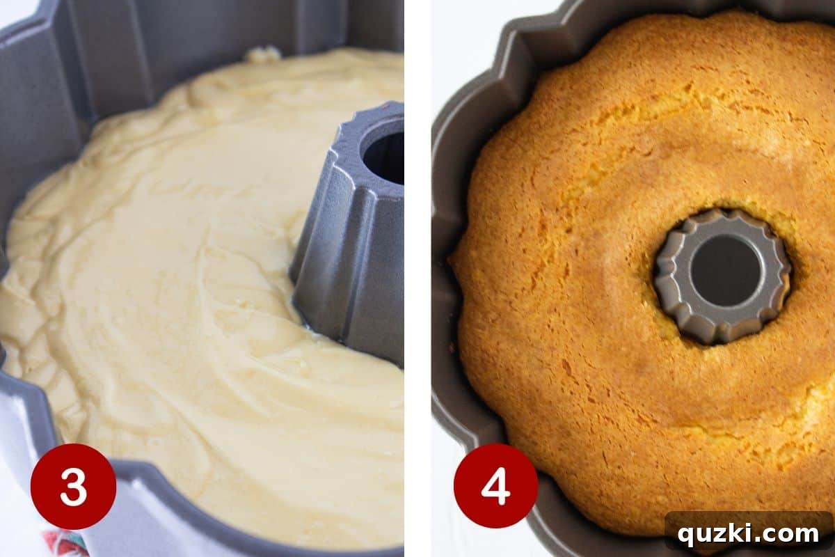 Moist Banana Bundt Magic 5 Two images side by side. Left shows cake batter being poured into the bundt pan over the banana layer. Right shows the cake baking in a 350-degree oven.