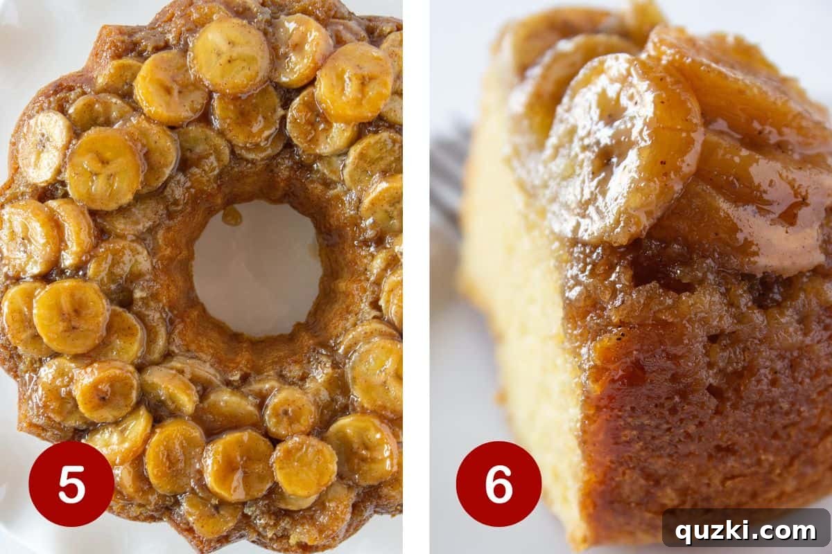 Moist Banana Bundt Magic 6 Two images side by side. Left shows the banana cake inverted onto a serving platter. Right shows a slice of the cake being served with a fork.