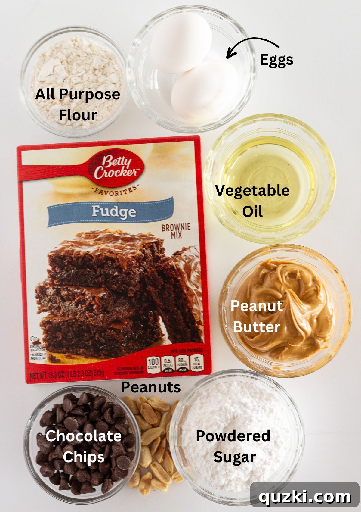 Simple Buckeye Brownie Indulgence 3 Photo of all of the ingredients needed to make a batch of Buckeye Brownie Cookies laid out on a kitchen counter.