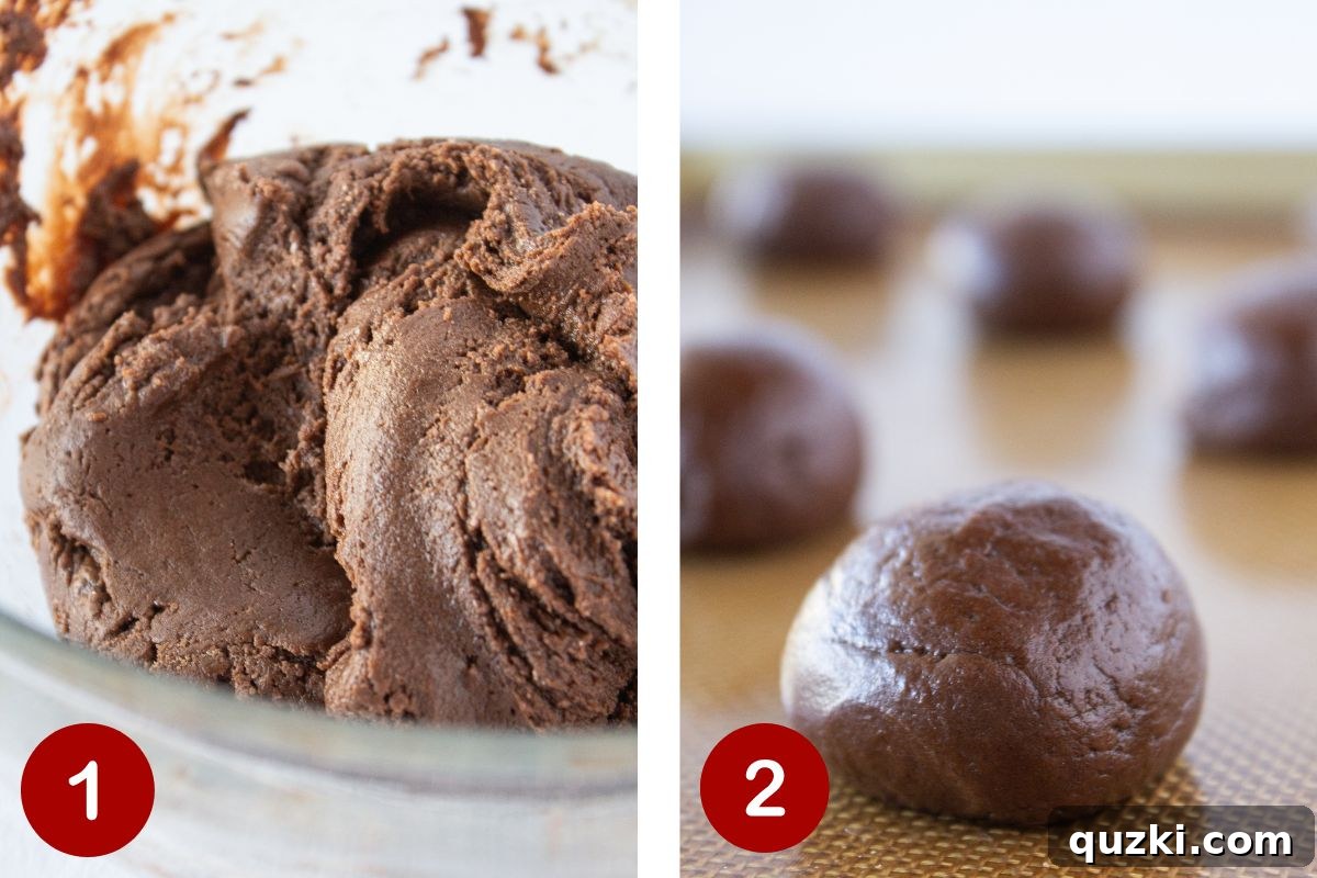 Simple Buckeye Brownie Indulgence 4 Step-by-step photos showing mixing brownie cookie dough and rolling into balls.
