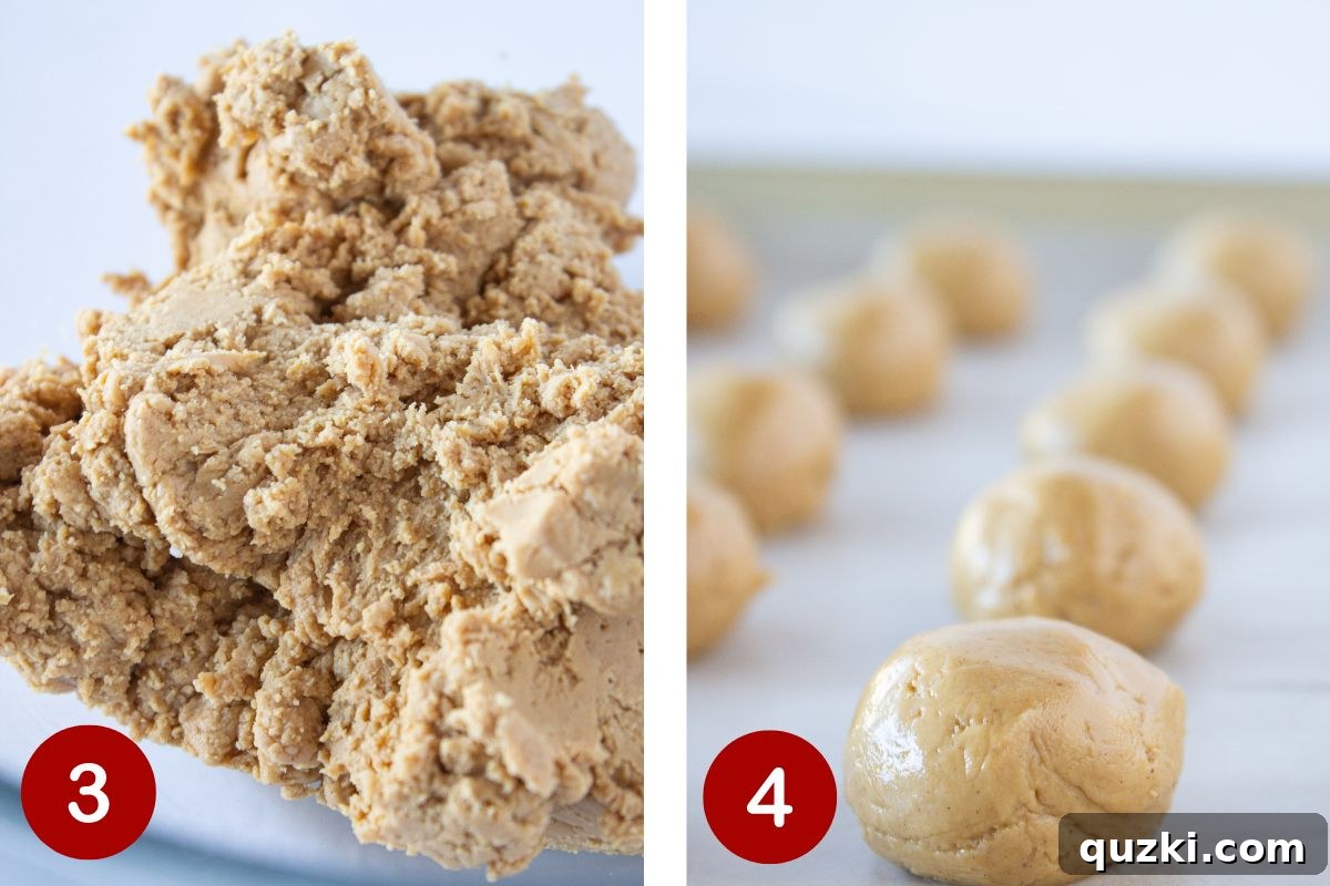 Simple Buckeye Brownie Indulgence 5 Step-by-step photos illustrating mixing the peanut butter truffle and rolling into small balls.