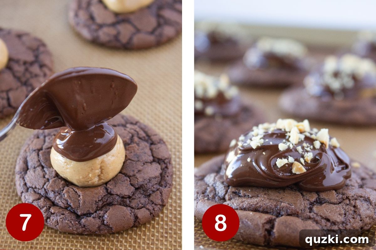 Simple Buckeye Brownie Indulgence 7 Step-by-step photos showing melted chocolate being spread over the peanut butter truffles and chopped peanuts sprinkled on top.