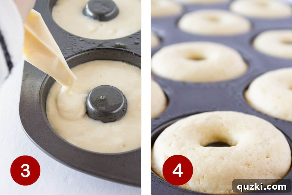 Sweet and Savory Maple Bacon Baked Donut Delight 5 Piping the pancake mix donut batter into a donut pan before baking.